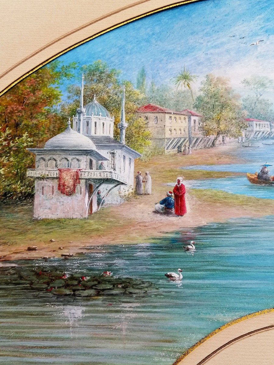 CORNE D'OR - ISTAMBUL - CONSTANTINOPLE - GOUACHE ANIMEE - VUE DU BOSPHORE ET D'UNE MOSQUEE - -photo-3