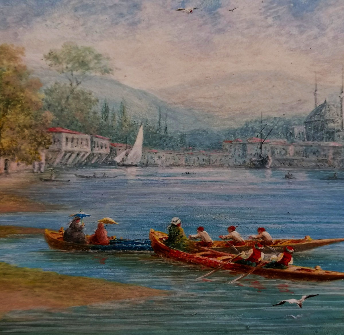 CORNE D'OR - ISTAMBUL - CONSTANTINOPLE - GOUACHE ANIMEE - VUE DU BOSPHORE ET D'UNE MOSQUEE - -photo-2