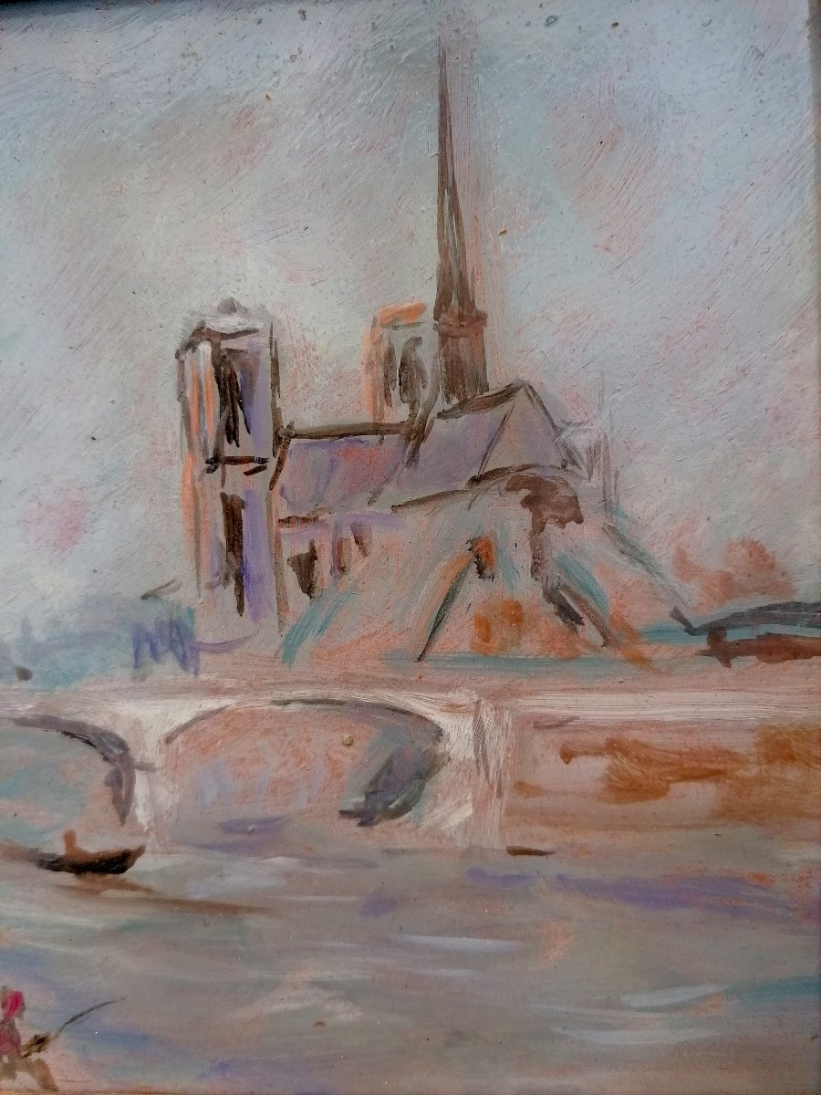 Henri Saint-clair - Notre Dame De Paris - Fishermen On The Banks Of The Seine - 20th Century - Oil On Panel-photo-4