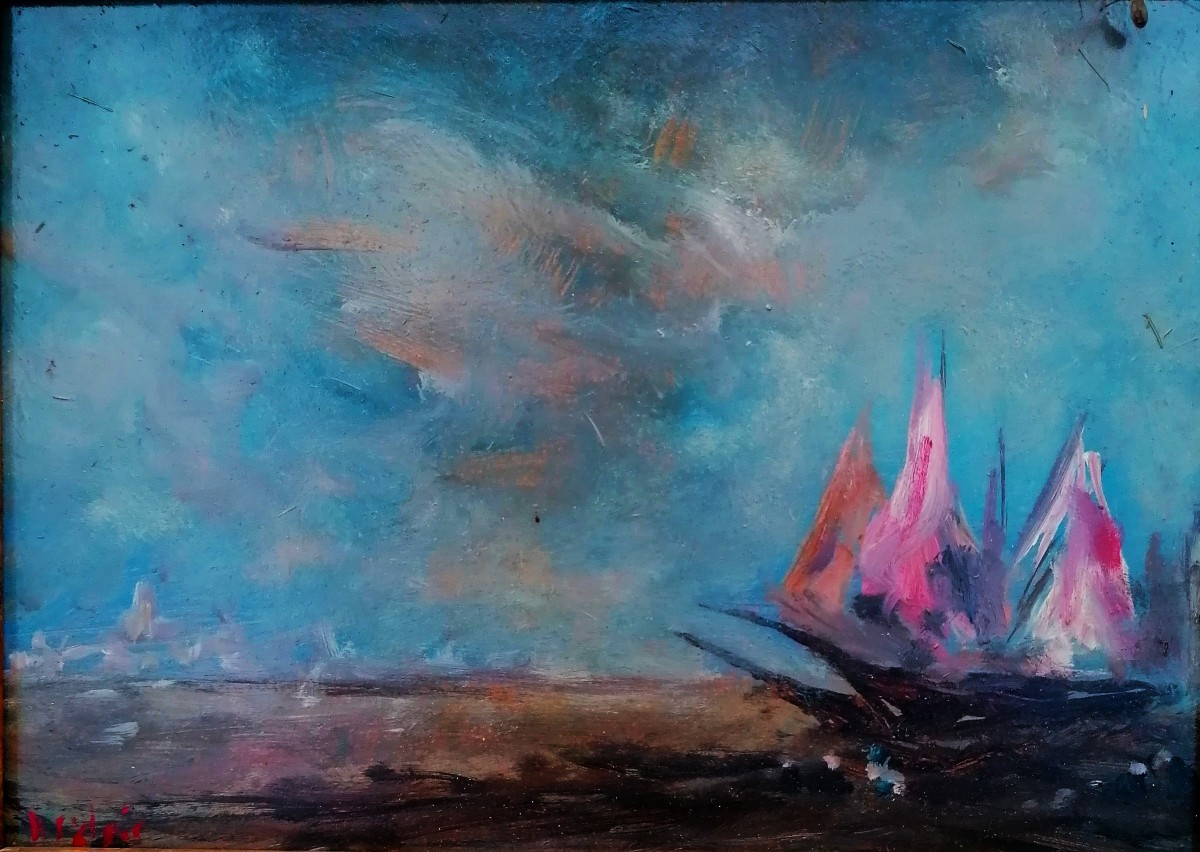 HENRI SAINT CLAIR - MARINE - VOILIERS EN MER - HUILE SUR PANNEAU - XXEME -2/2 --photo-2