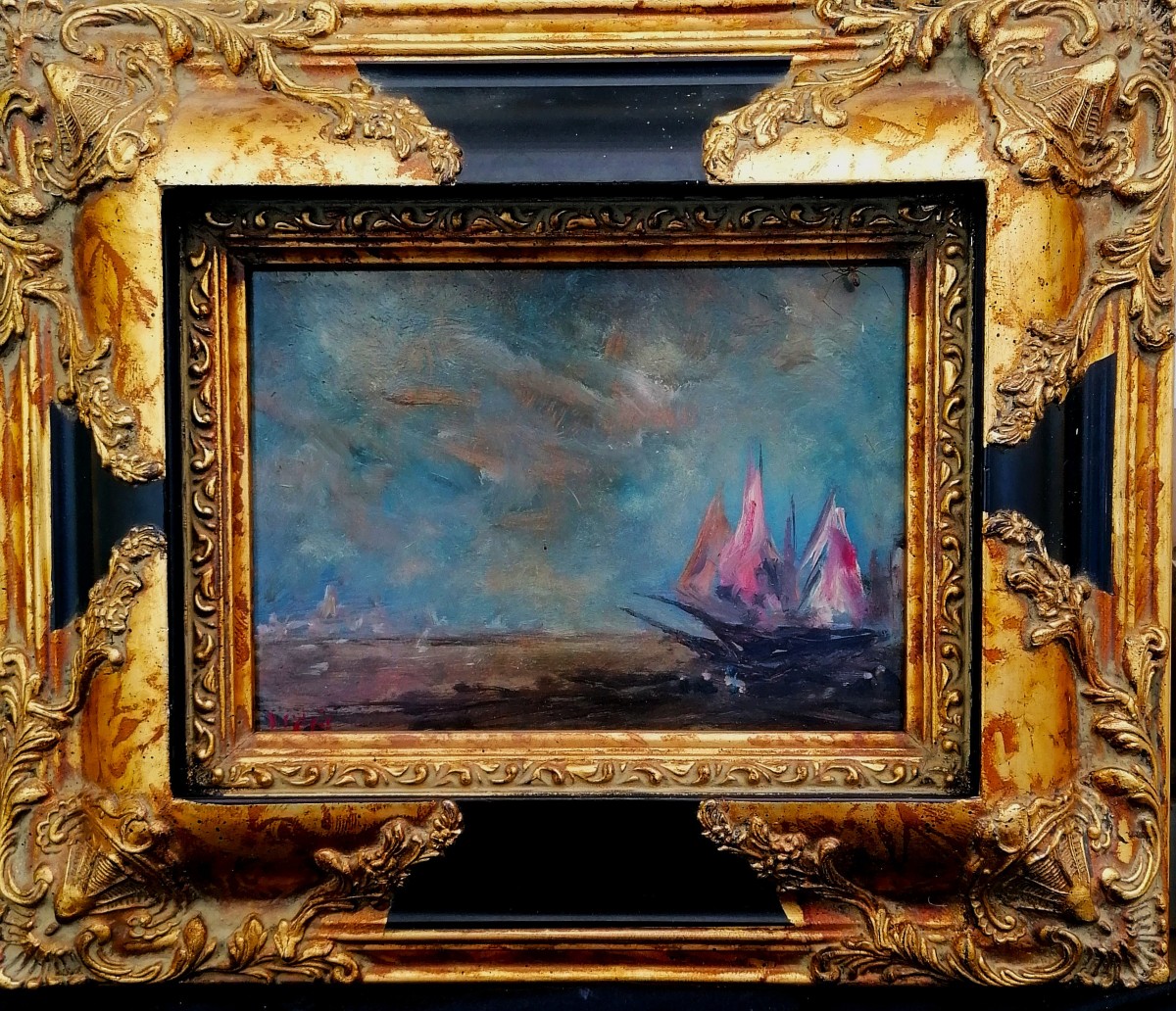 HENRI SAINT CLAIR - MARINE - VOILIERS EN MER - HUILE SUR PANNEAU - XXEME -2/2 -