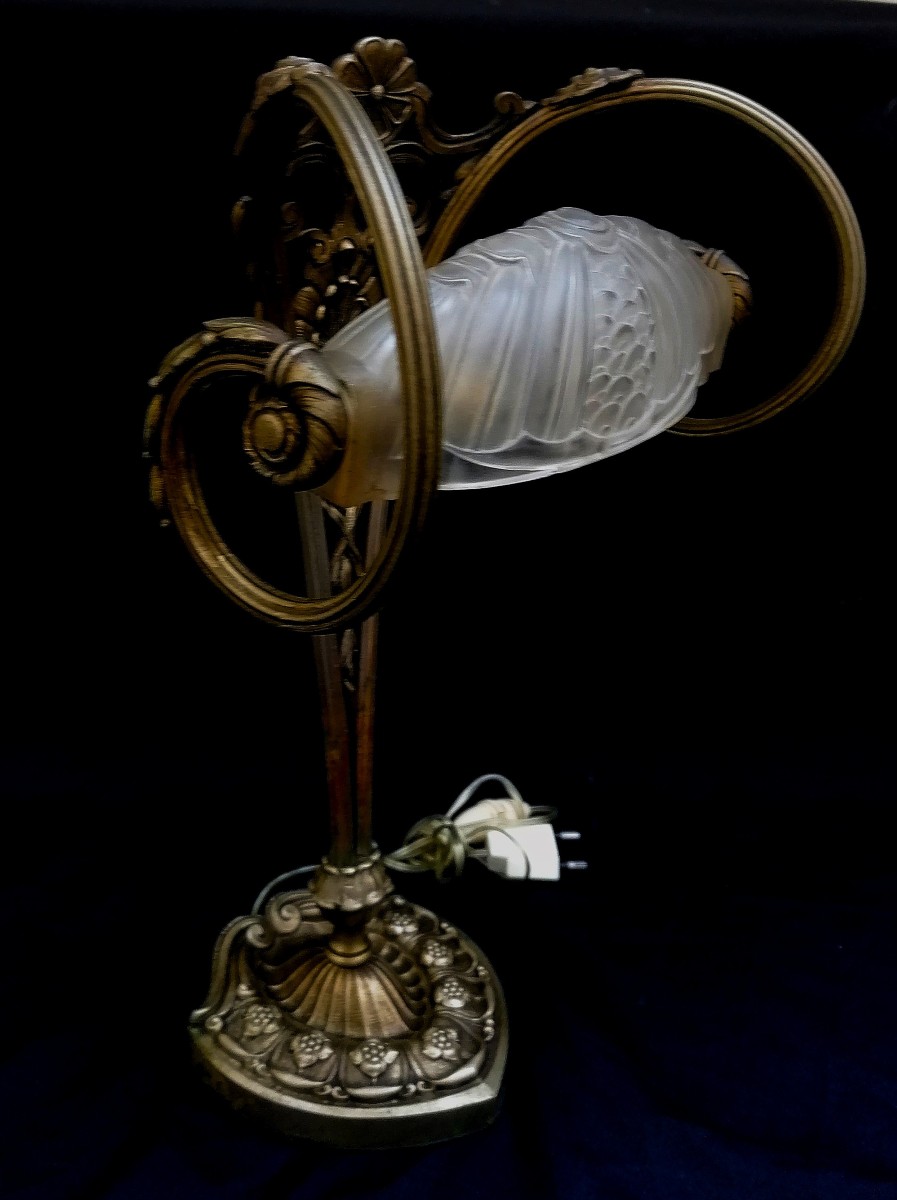 Desk Lamp - Silvered Bronze - Pressed Molded Glass - Art Deco Style --photo-2