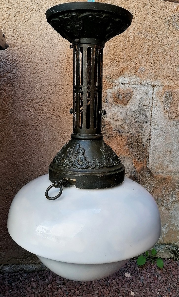 PLAFONNIER - SUSPENSION - LANTERNE - BRONZE ET OPALINE - EPOQUE XIXEME - DECORATION- LAMPE -