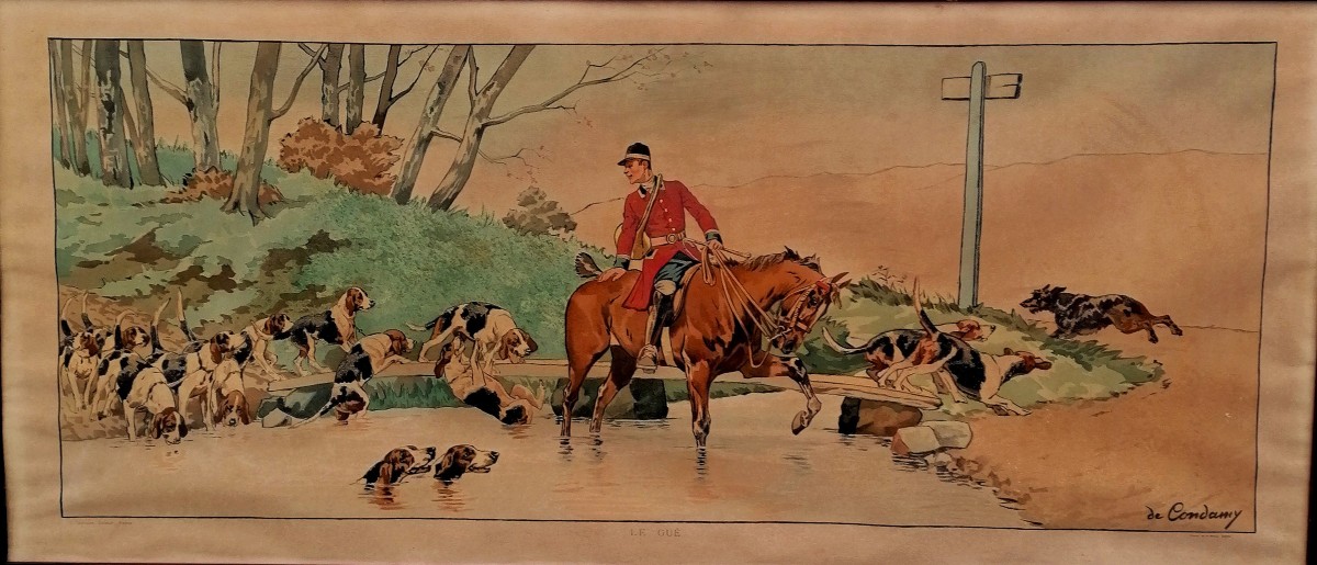 CHARLES DE CONDAMY - LITHOGRAPHIE - LE GUE - LA CHASSE - 48 X 109 CM A VUE --photo-2