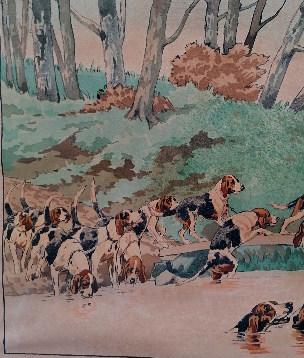 CHARLES DE CONDAMY - LITHOGRAPHIE - LE GUE - LA CHASSE - 48 X 109 CM A VUE --photo-2