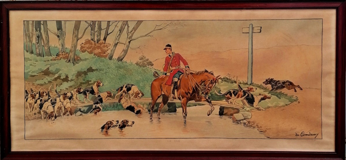 CHARLES DE CONDAMY - LITHOGRAPHIE - LE GUE - LA CHASSE - 48 X 109 CM A VUE -