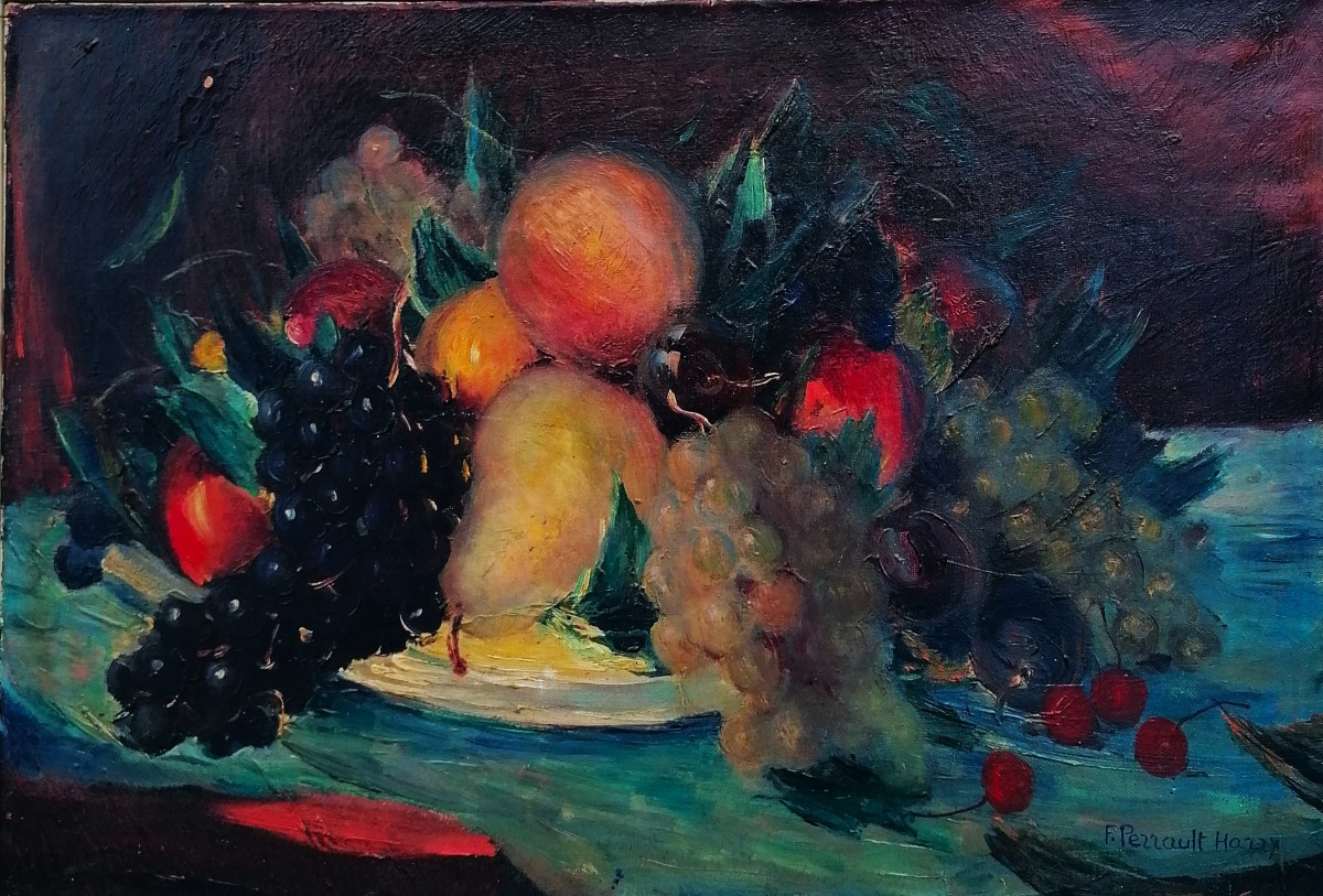 FOUAZ PERRAULT-HARRY - HUILE SUR TOILE - NATURE MORTE AUX FRUITS - XXEME SIECLE --photo-2