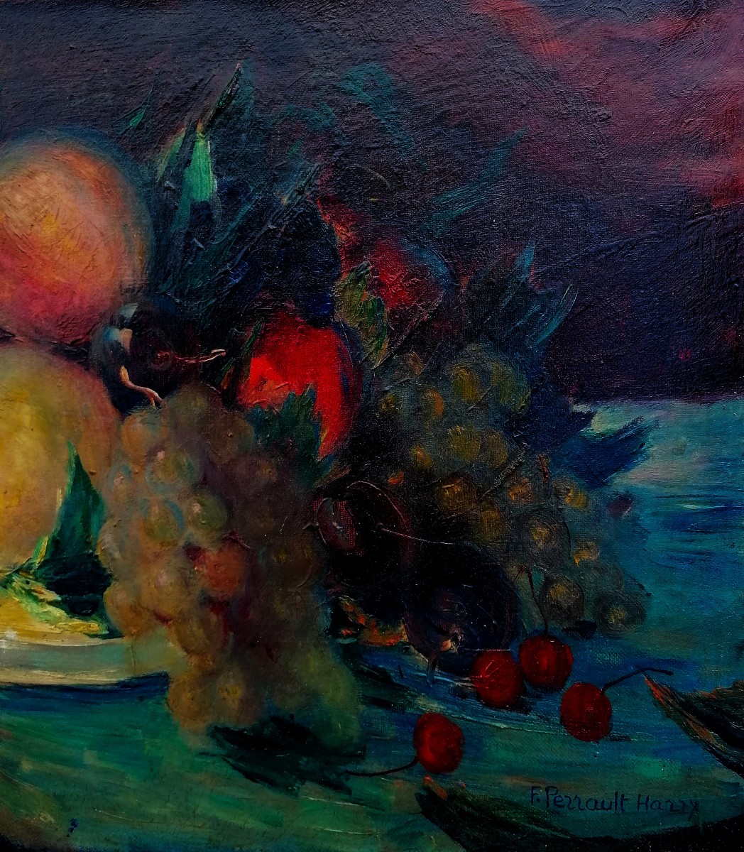 FOUAZ PERRAULT-HARRY - HUILE SUR TOILE - NATURE MORTE AUX FRUITS - XXEME SIECLE --photo-4