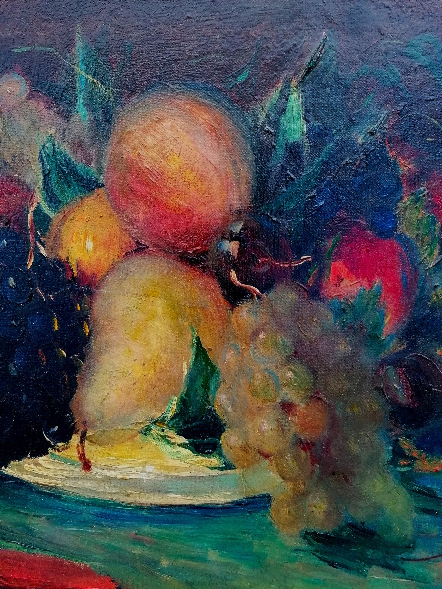 FOUAZ PERRAULT-HARRY - HUILE SUR TOILE - NATURE MORTE AUX FRUITS - XXEME SIECLE --photo-2