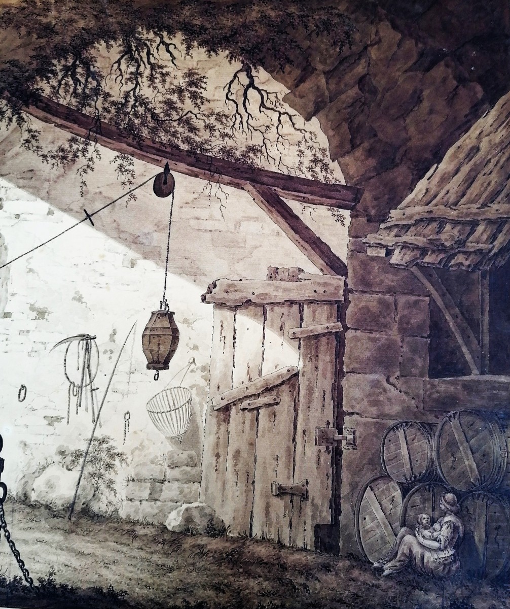Ink Wash On Laid Paper - Animated Scene In The Ruins - Signature - 18th - 19th Century-photo-2