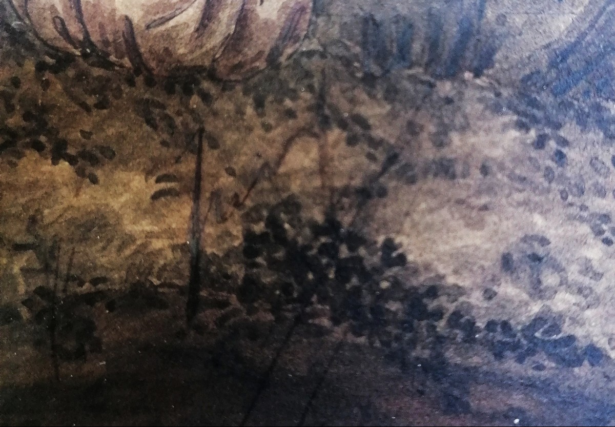 Ink Wash On Laid Paper - Animated Scene In The Ruins - Signature - 18th - 19th Century-photo-4