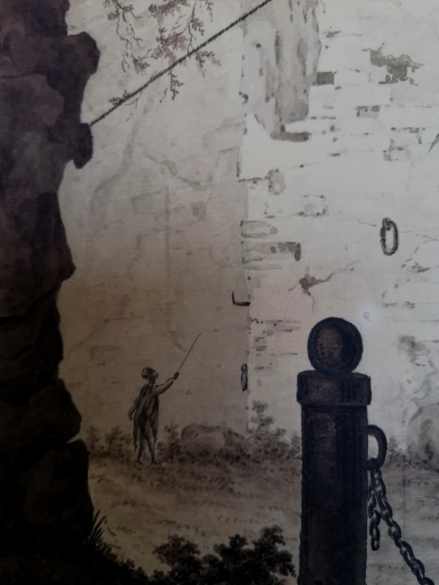 Ink Wash On Laid Paper - Animated Scene In The Ruins - Signature - 18th - 19th Century-photo-3