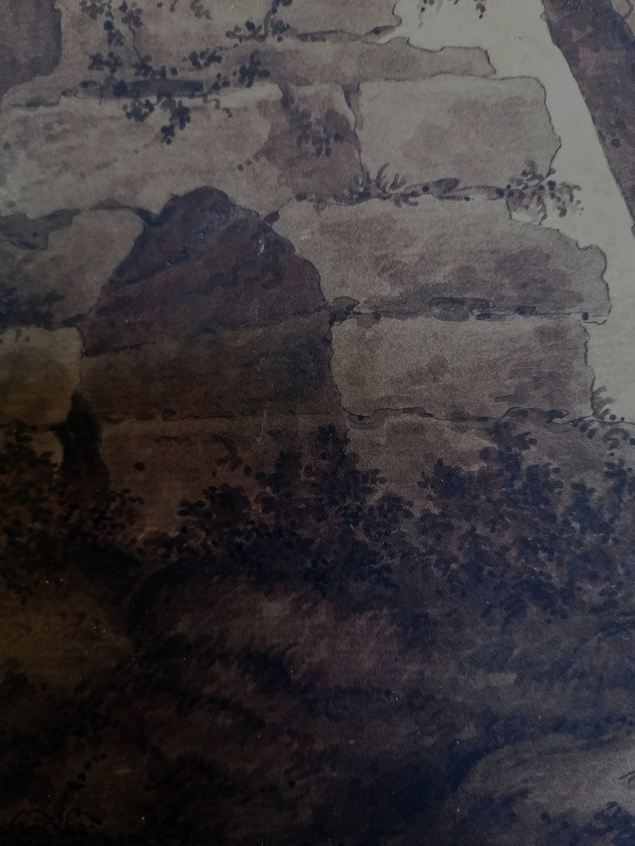 Ink Wash On Laid Paper - Animated Scene In The Ruins - Signature - 18th - 19th Century-photo-5