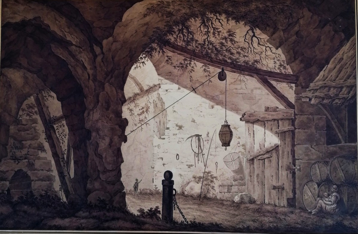 Ink Wash On Laid Paper - Animated Scene In The Ruins - Signature - 18th - 19th Century