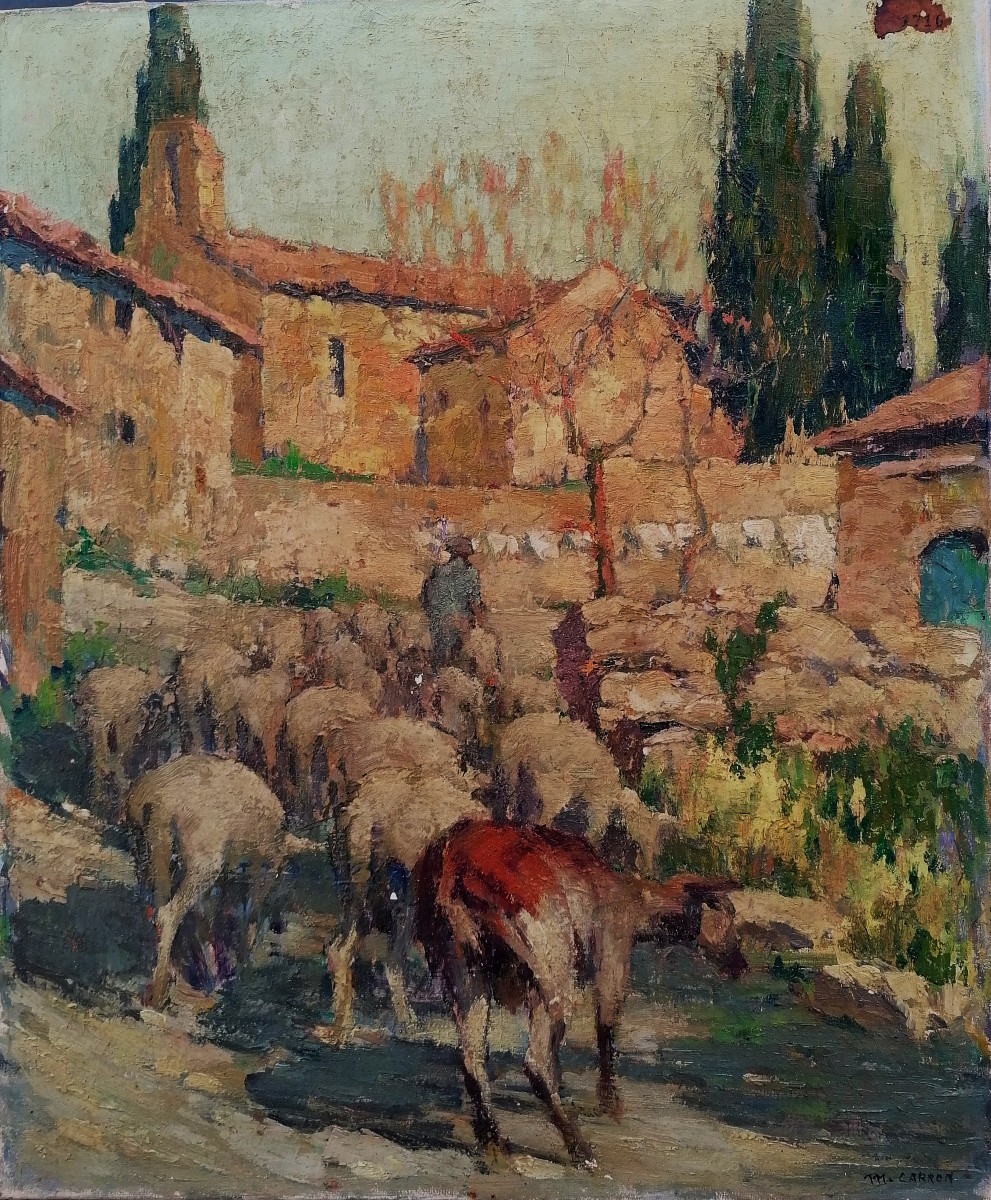 MARCEL CARRON - BEZIERS - OCCITANIE - PIERRERUE - PAYSAGE- TROUPEAU - SALON 1953 - HST -