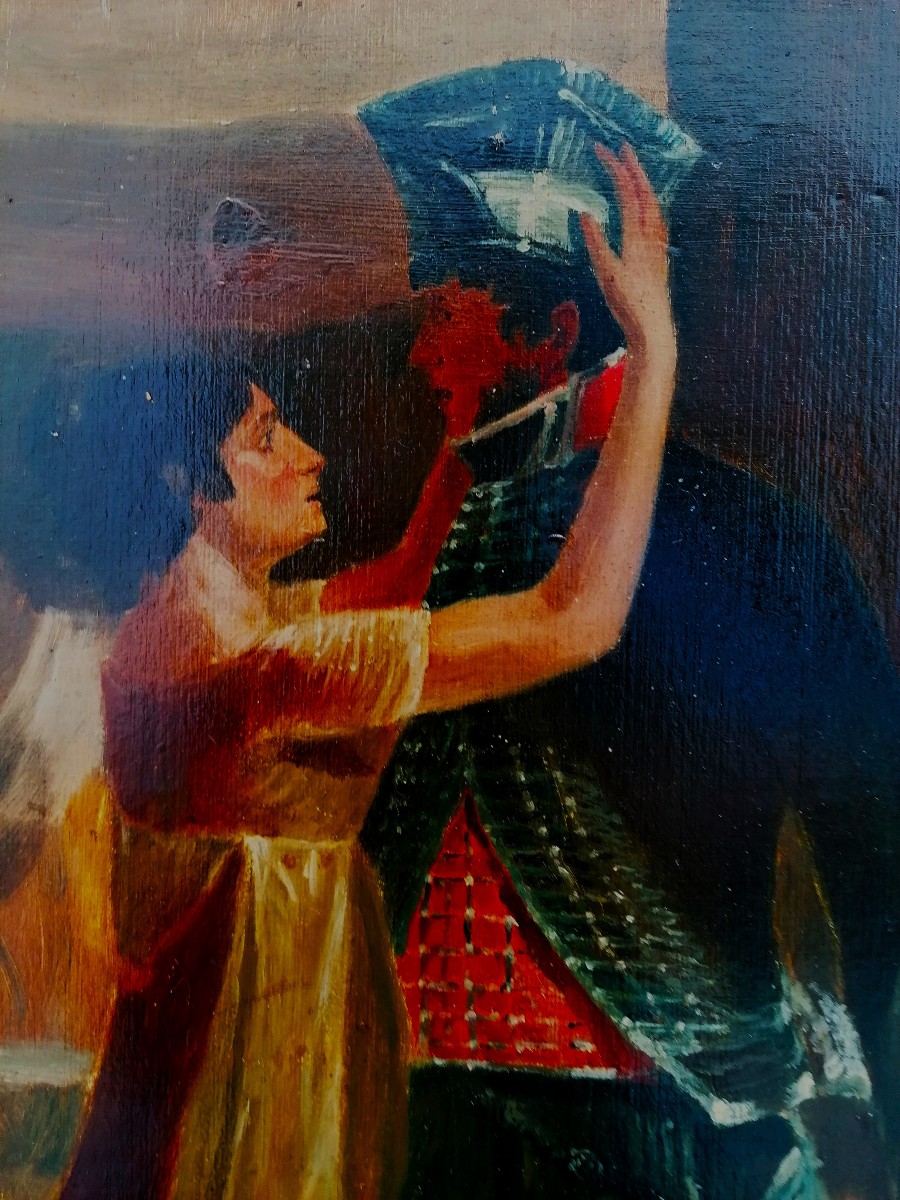 HUILE SUR PAPIER - LE DEPART DU HUSSARD - PORTRAIT DE FAMILLE - DEBUT XIXEME - ESQUISSE ? --photo-2