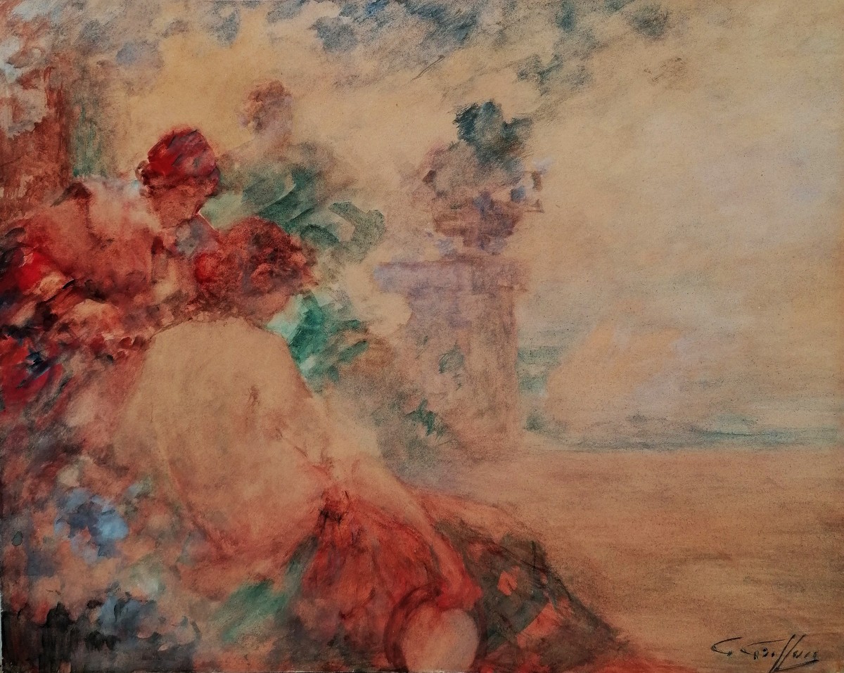 GABRIEL GRIFFON 1866-1938 - AQUARELLE - SERENADE DANS UN PARC - ECOLE TOULOUSAINE - XIX-XXEME --photo-2