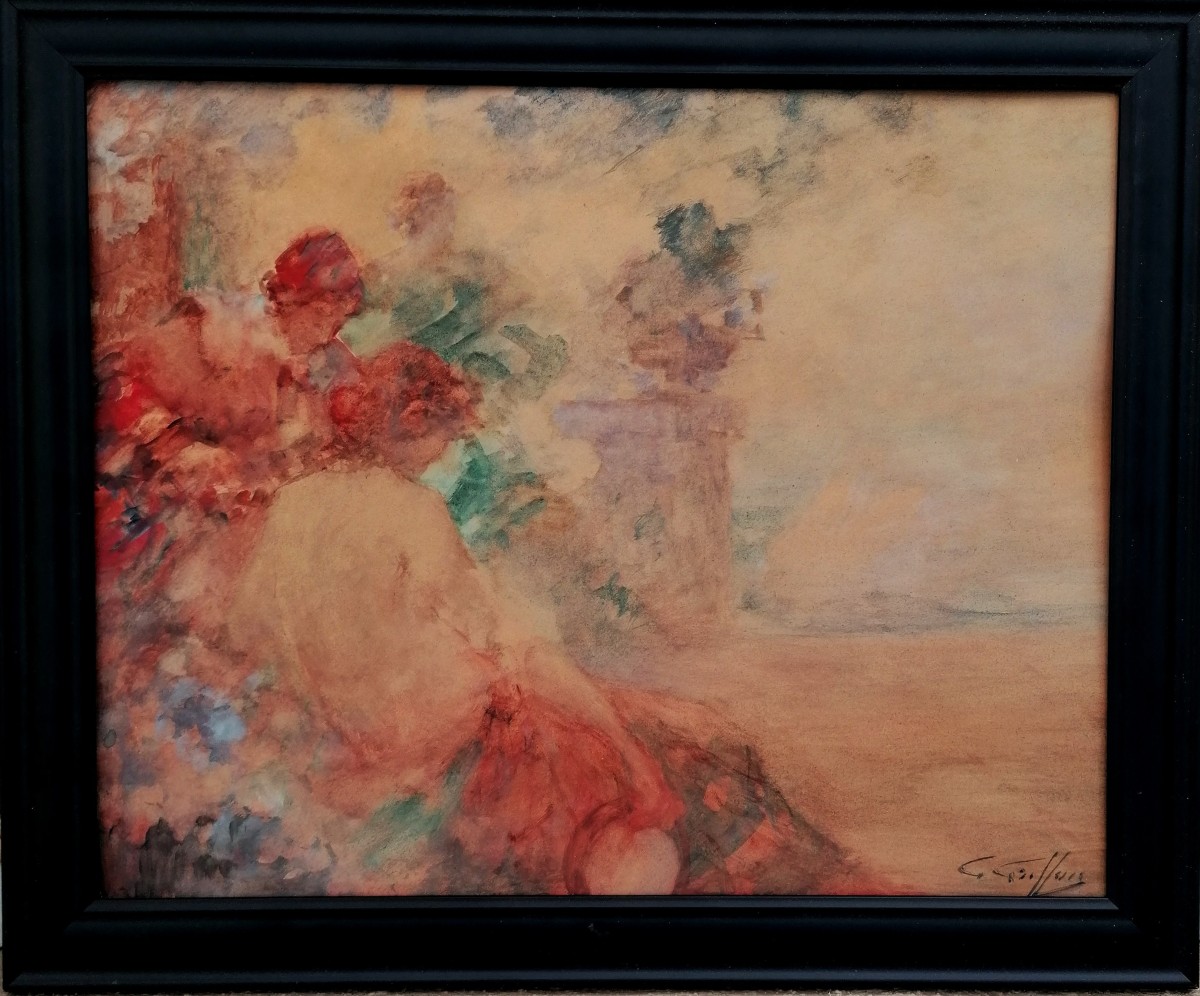 GABRIEL GRIFFON 1866-1938 - AQUARELLE - SERENADE DANS UN PARC - ECOLE TOULOUSAINE - XIX-XXEME -