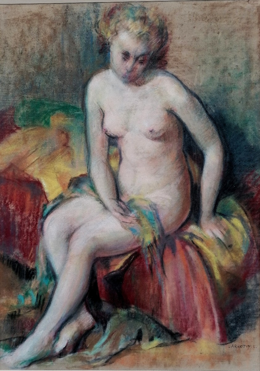 LEON ARROTIN - ECOLE BELGE - PASTEL ET TECHNIQUE MIXTE - NU ASSIS - XXEME --photo-2