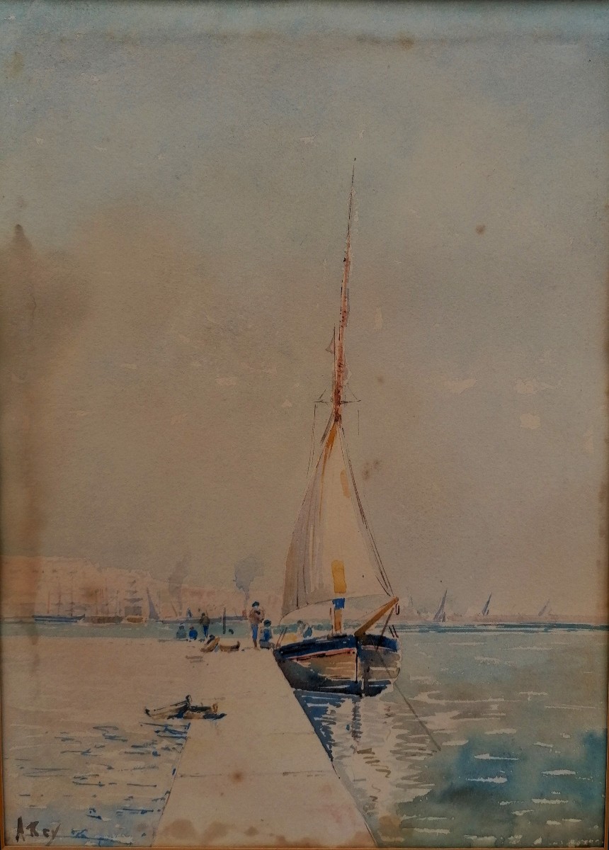 ALPHONSE REY - AQUARELLE - MARINE - VUE D'UN PORT - MER MEDITERRANEE - 1/2 --photo-2