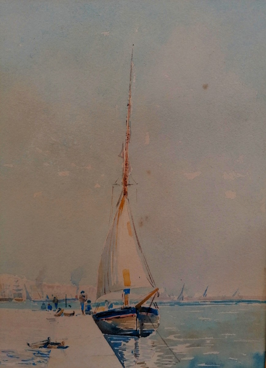 ALPHONSE REY - AQUARELLE - MARINE - VUE D'UN PORT - MER MEDITERRANEE - 1/2 --photo-4