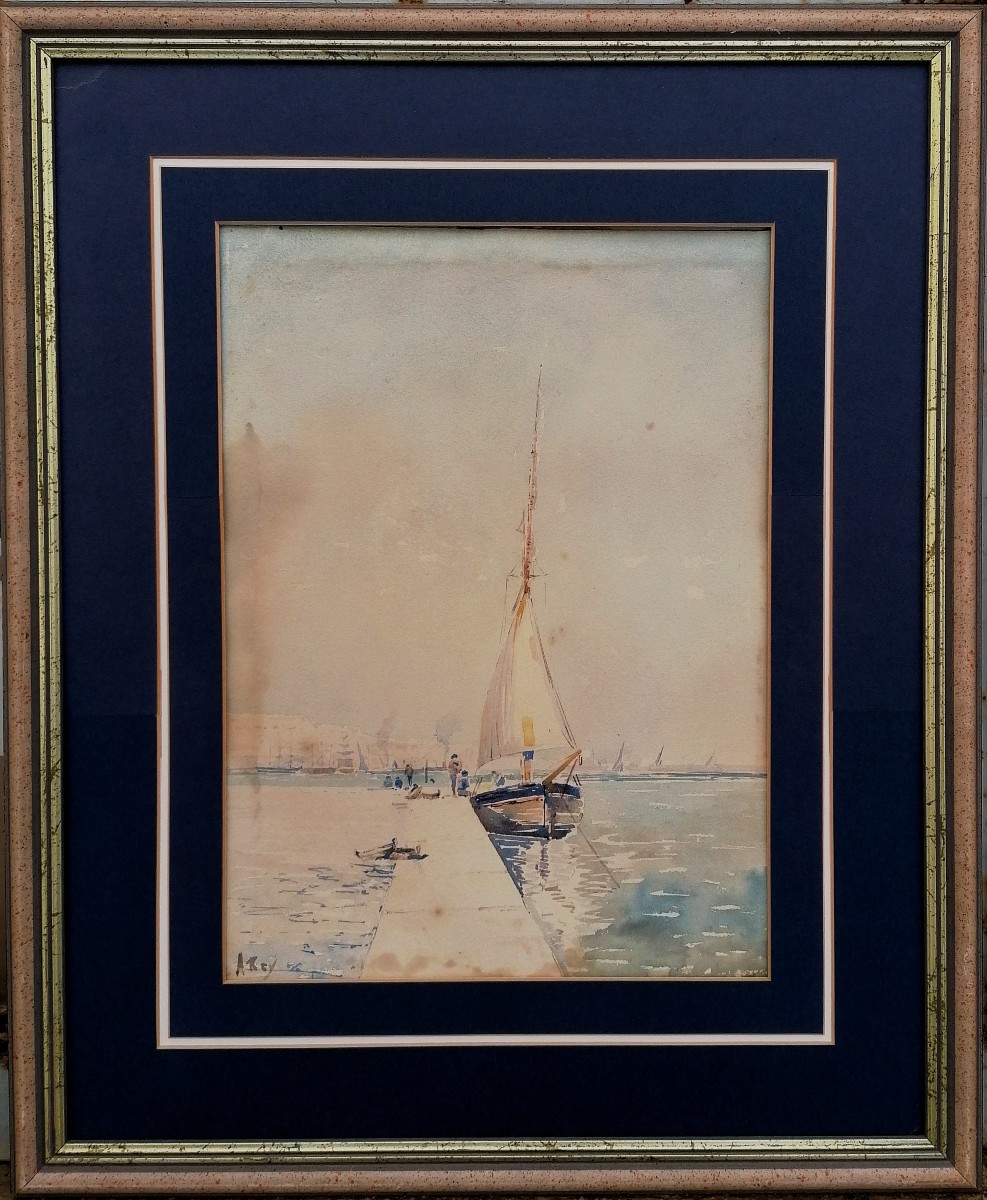 ALPHONSE REY - AQUARELLE - MARINE - VUE D'UN PORT - MER MEDITERRANEE - 1/2 -