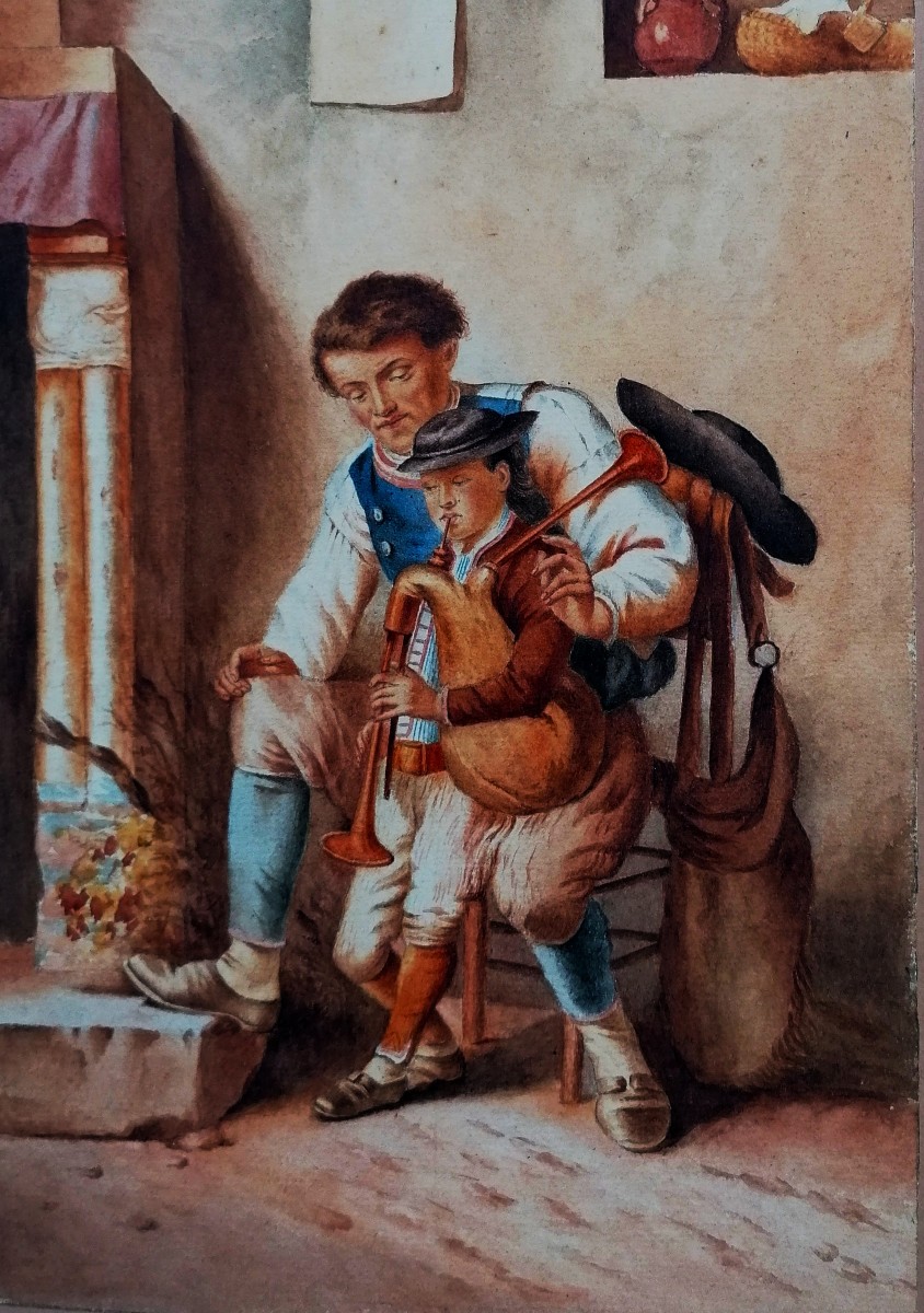 AQUARELLE - LA LECON DE BINIOU - BRETAGNE - QUIMPER - XXEME -
