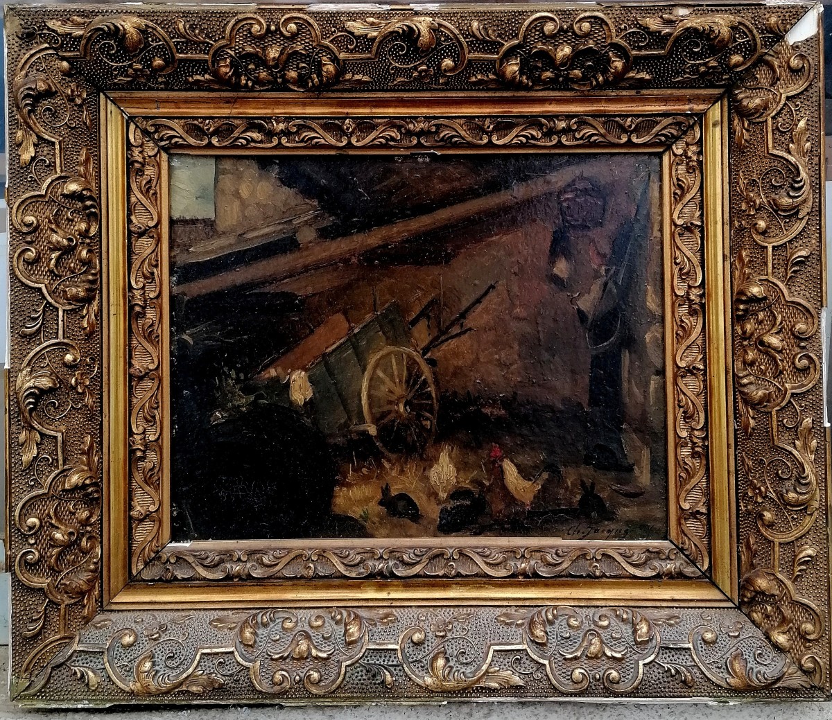 HUILE SUR CARTON - CHARLES EMILE JACQUE ( APOCRYPHE  ? ) - INTERIEUR D'UNE GRANGE - 