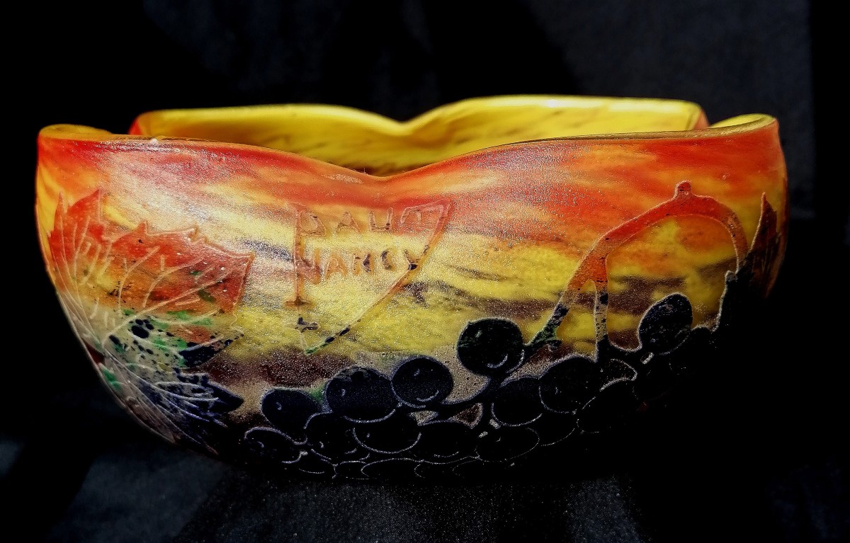 Polylobed Cup Signed "daum Nancy" - Vine Plants And Bunches Of Grapes Decor - -photo-1