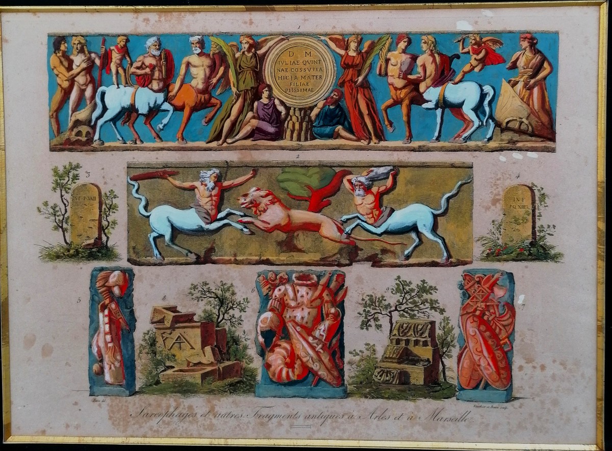 GRAVURES GOUACHEES - SARCOPHAGES ANTIQUES A ARLES ET MARSEILLE - BENCE ET VAUTHIER - XVIIIEME --photo-3