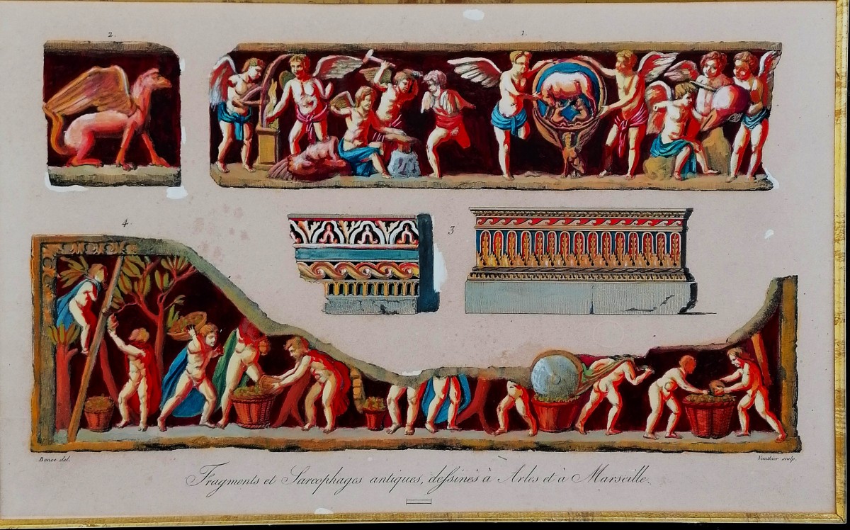 GRAVURES GOUACHEES - SARCOPHAGES ANTIQUES A ARLES ET MARSEILLE - BENCE ET VAUTHIER - XVIIIEME --photo-4