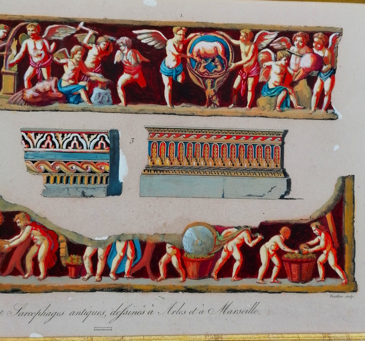 GRAVURES GOUACHEES - SARCOPHAGES ANTIQUES A ARLES ET MARSEILLE - BENCE ET VAUTHIER - XVIIIEME --photo-3