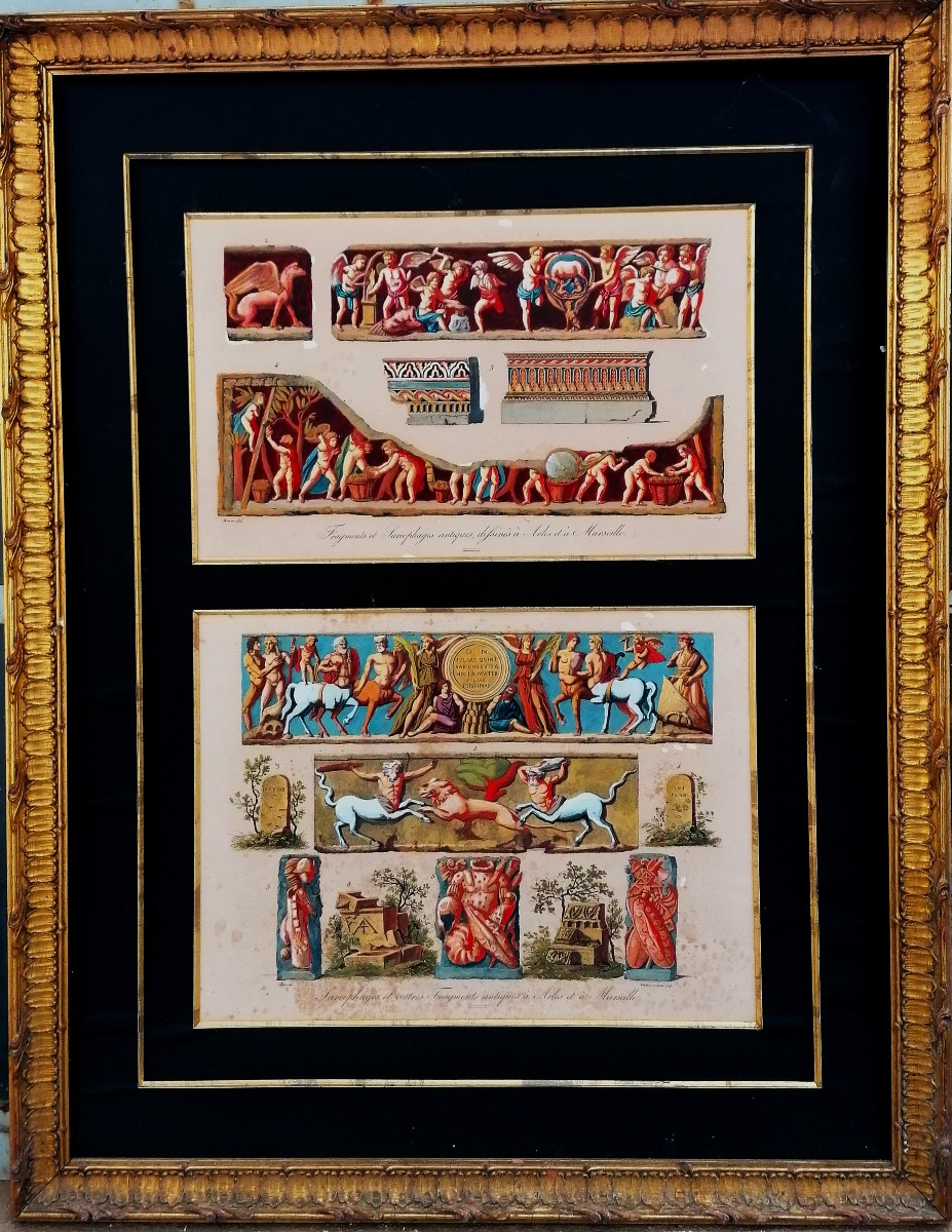 GRAVURES GOUACHEES - SARCOPHAGES ANTIQUES A ARLES ET MARSEILLE - BENCE ET VAUTHIER - XVIIIEME -