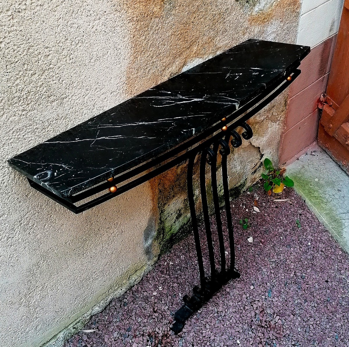 CONSOLE ART DECO EN FER FORGE ET MARBRE PORTOR - EPOQUE 1930 - -photo-4