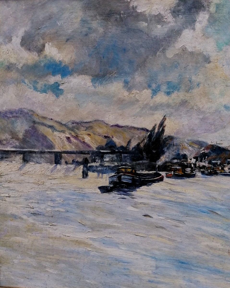 Oil On Canvas - School Of Rouen - Banks Of The Seine? River Landscape - Early 20th Century - Signed --photo-3