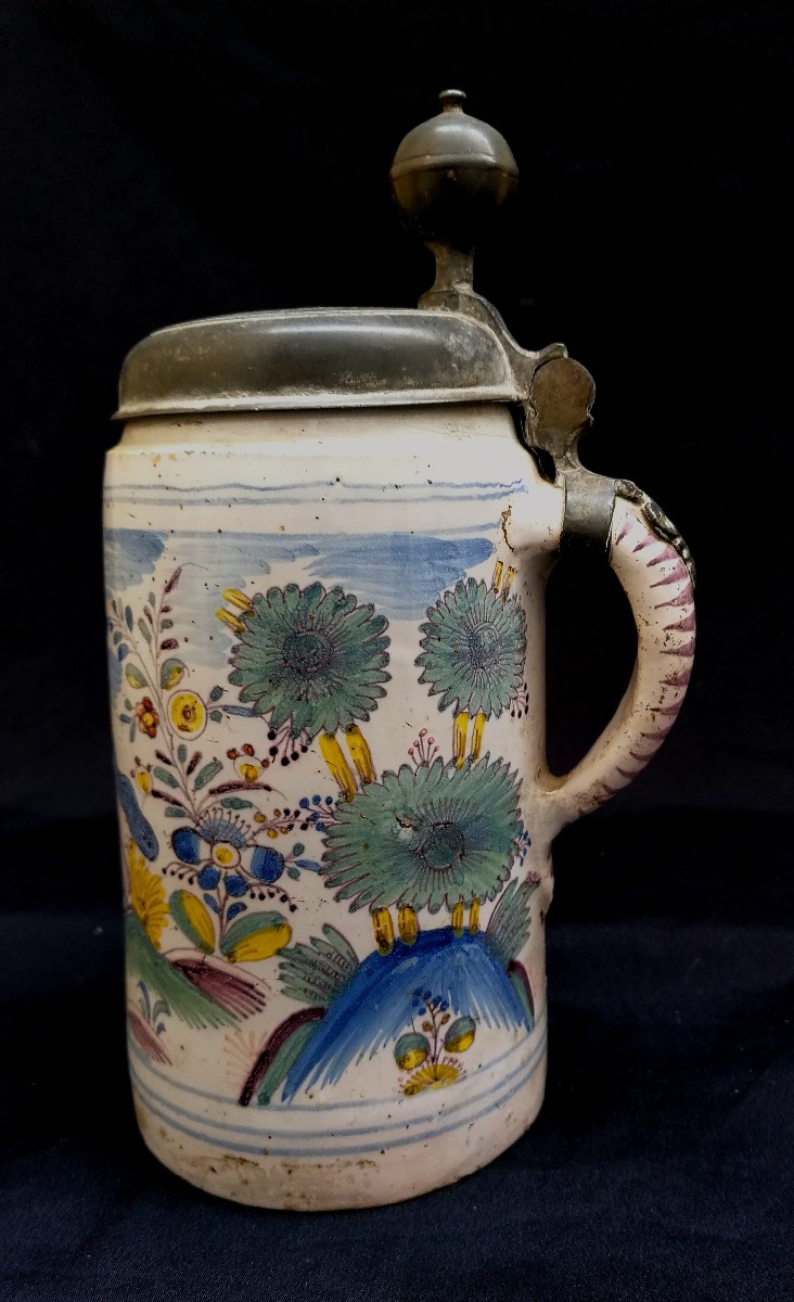 Earthenware And Pewter Mug - Dated 1778 And Monogrammed - Horse In A Landscape - Germany --photo-2