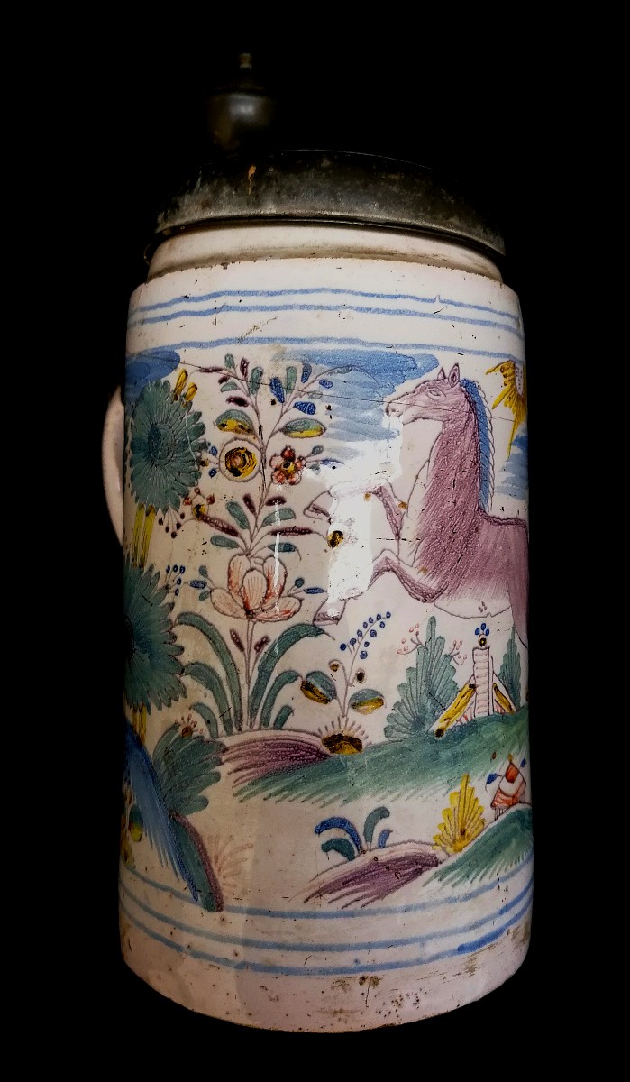 Earthenware And Pewter Mug - Dated 1778 And Monogrammed - Horse In A Landscape - Germany --photo-2