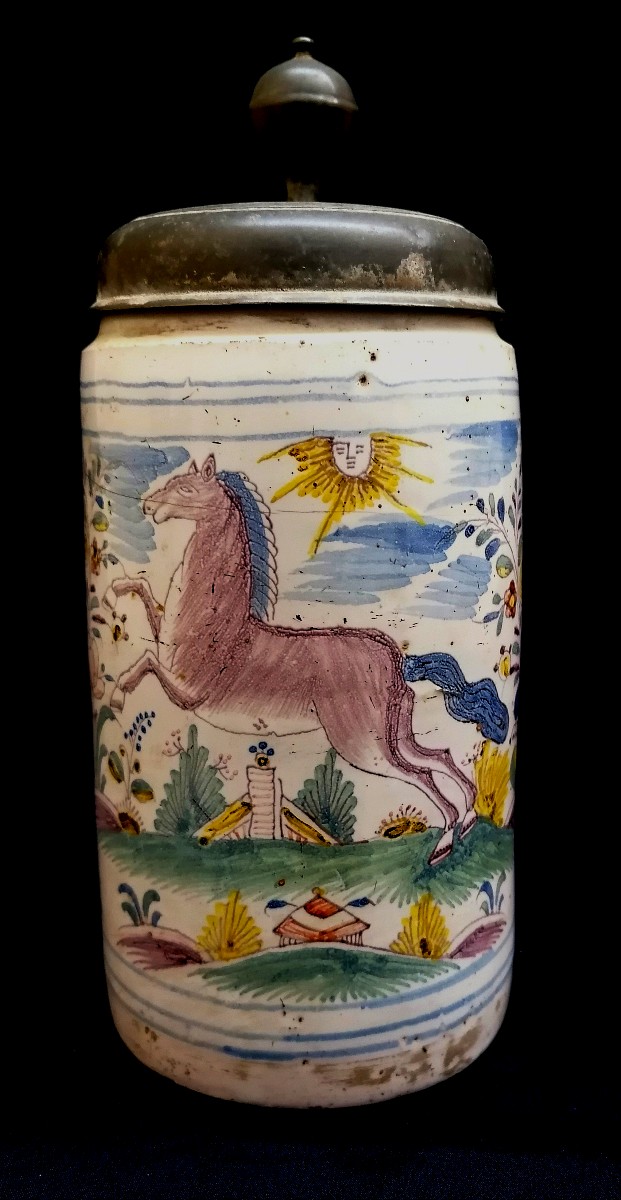 Earthenware And Pewter Mug - Dated 1778 And Monogrammed - Horse In A Landscape - Germany -