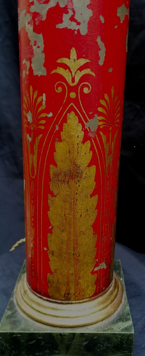 LAMPE CARCEL - TOLE PEINTE - EPOQUE EMPIRE - DECOR A L'OR SUR FOND ROUGE - DANS SON JUS - -photo-4