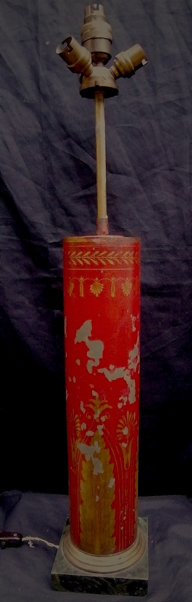 LAMPE CARCEL - TOLE PEINTE - EPOQUE EMPIRE - DECOR A L'OR SUR FOND ROUGE - DANS SON JUS - 