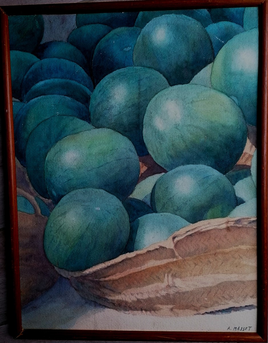 ALAIN MASSET - AQUARELLE - NATURE MORTE AUX PASTEQUES - XXEME SIECLE --photo-2