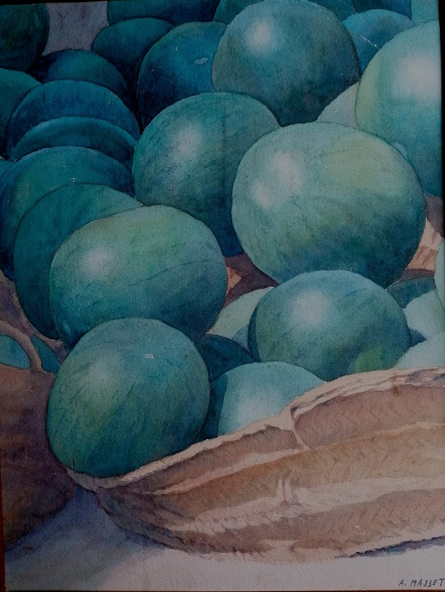 ALAIN MASSET - AQUARELLE - NATURE MORTE AUX PASTEQUES - XXEME SIECLE -