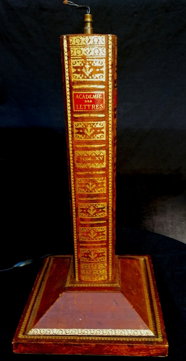 Desk Lamp - Trompe l'Oeil - Leather Cover - Book Spine - Petit Iron Decoration - Circa 1970-photo-2