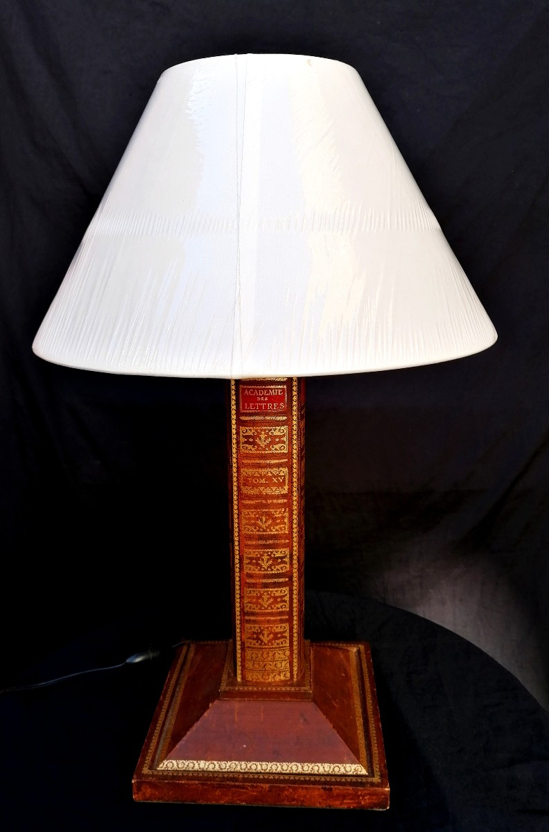 Desk Lamp - Trompe l'Oeil - Leather Cover - Book Spine - Petit Iron Decoration - Circa 1970