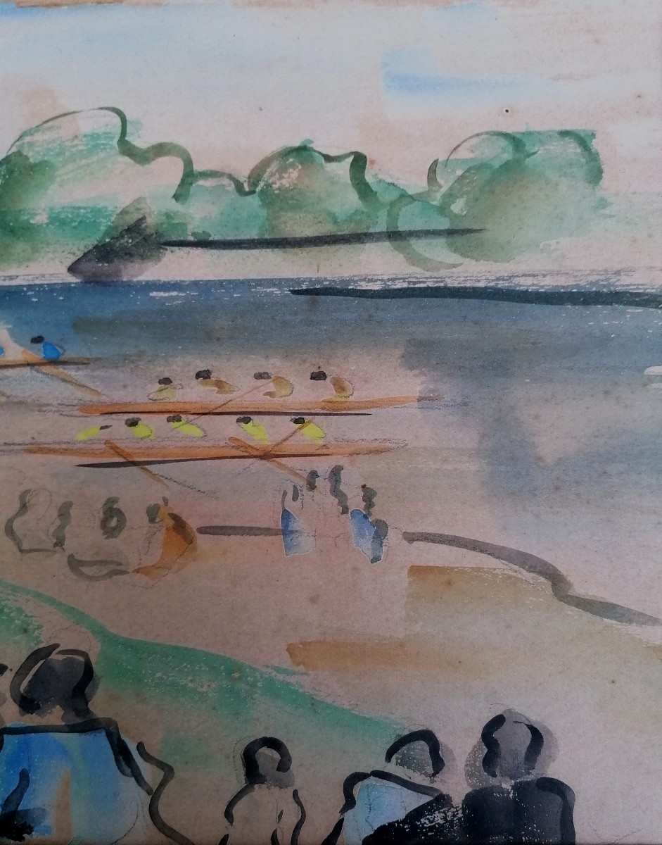 AQUARELLE - REGATES - BORD DE RIVIERE ANIME - NEO IMPRESSIONNISME - CIRCA DEBUT XXEME SIECLE --photo-4