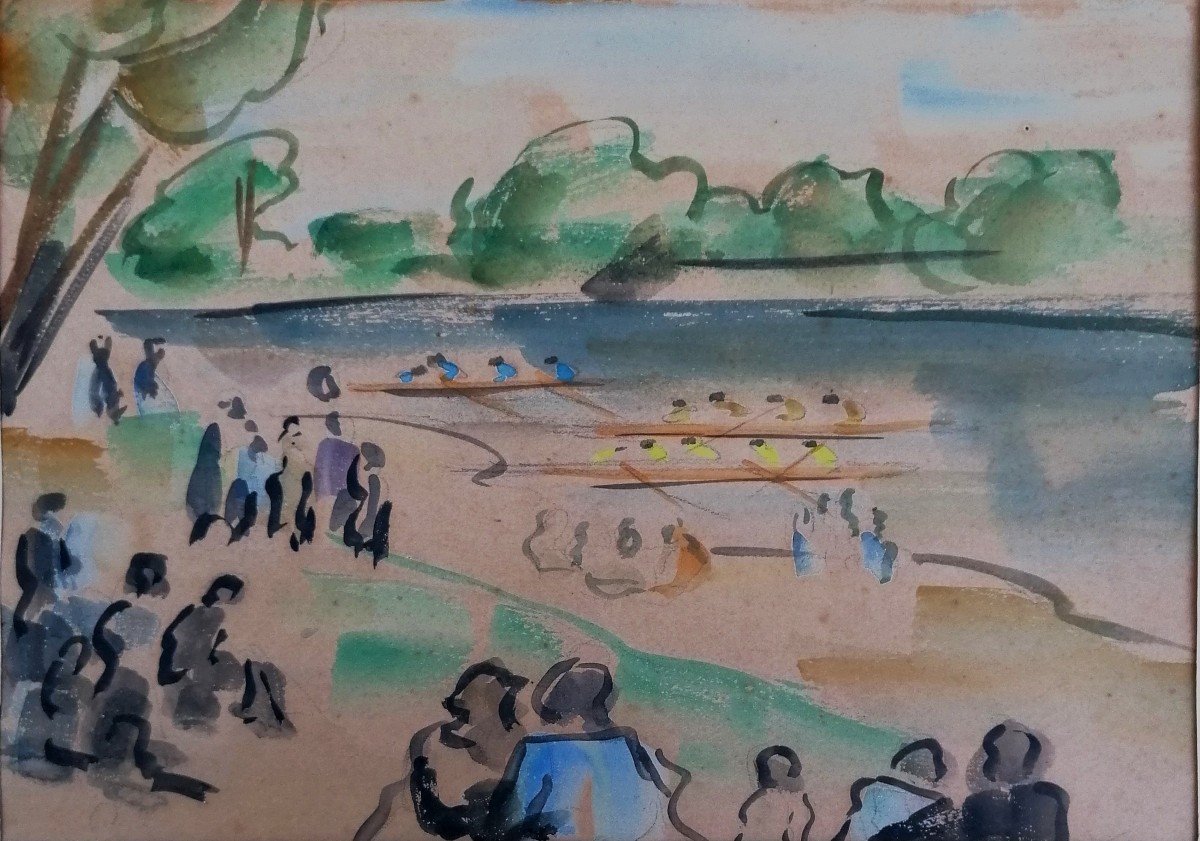 AQUARELLE - REGATES - BORD DE RIVIERE ANIME - NEO IMPRESSIONNISME - CIRCA DEBUT XXEME SIECLE -