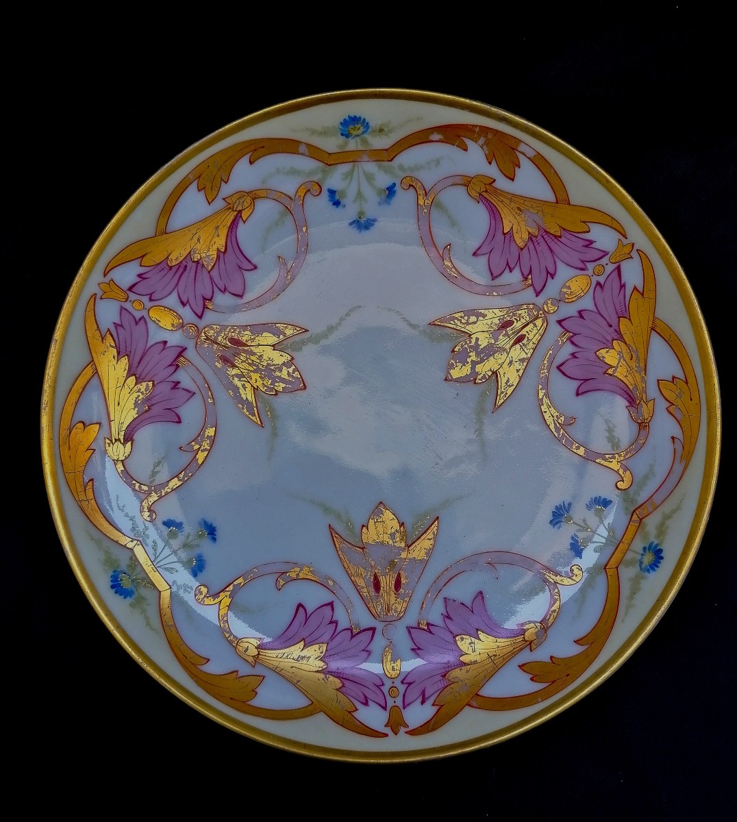 Plate - Limoges France - Art Nouveau Decoration - Gold Leaf Highlights - Wear -