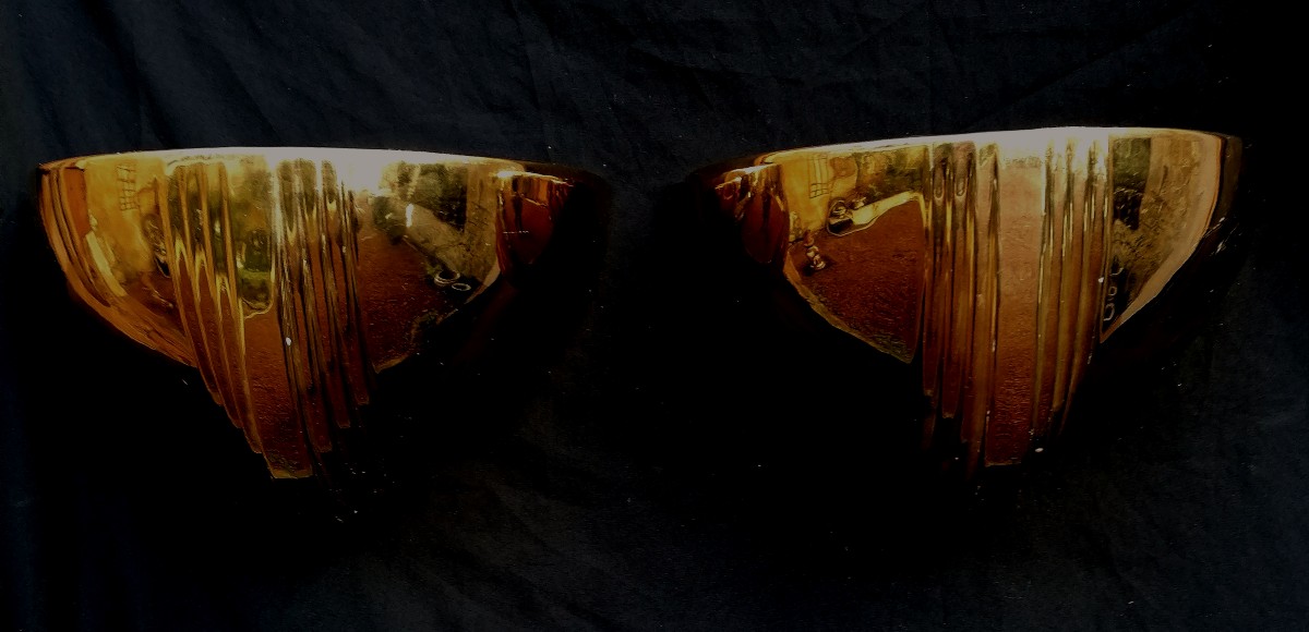 Pair Of Gilded Porcelain Wall Lights In Modernist Or Art Deco Style - 20th Century-photo-2