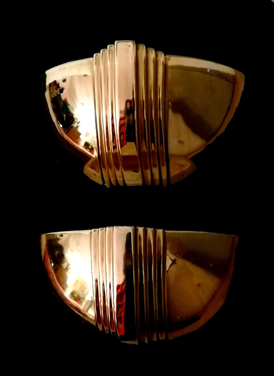 Pair Of Gilded Porcelain Wall Lights In Modernist Or Art Deco Style - 20th Century