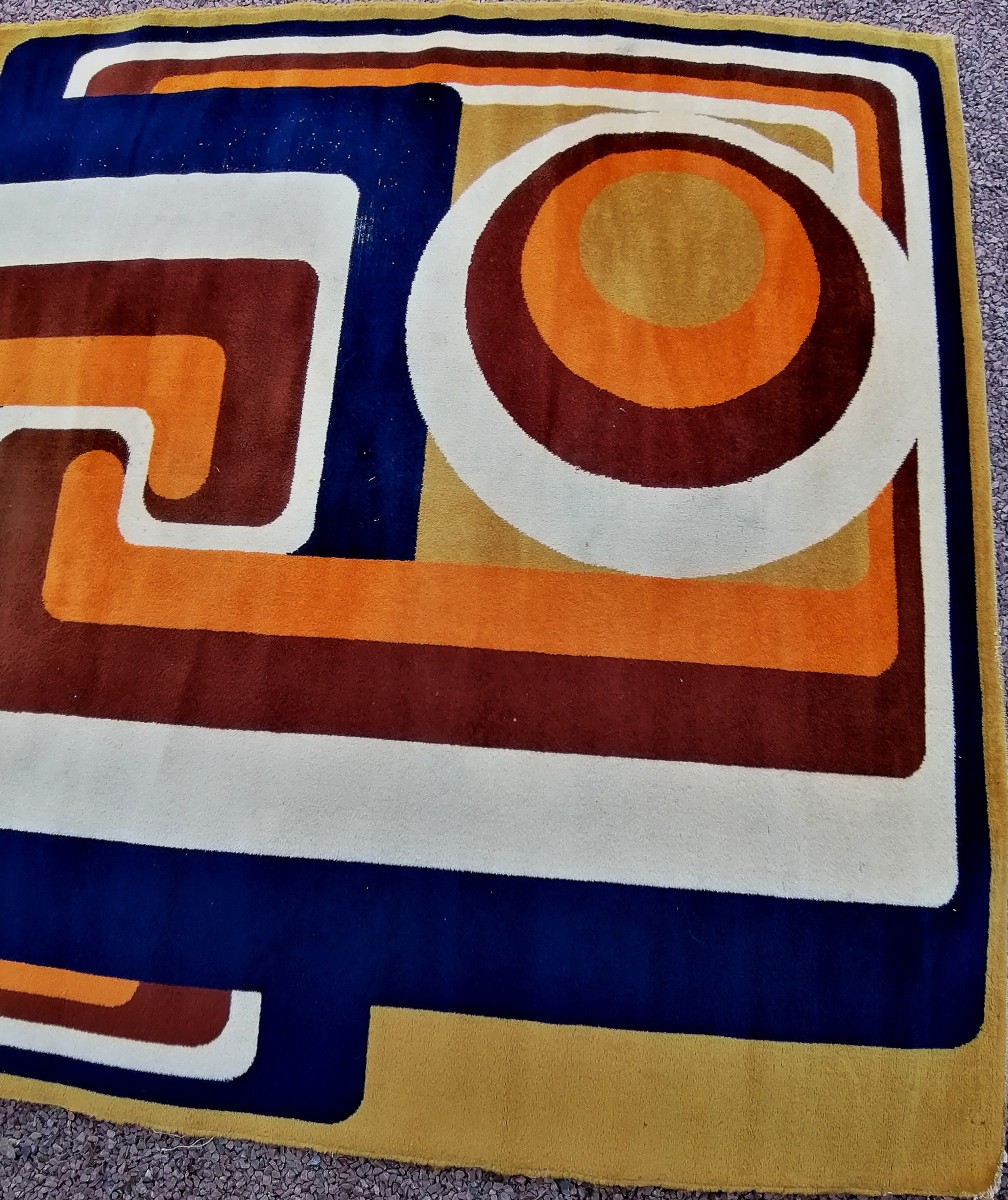 TAPIS PURE LAINE ABSTRAIT DE L'ERE SPATIALE - SUPERBE HARMONIE DES COULEURS - CIRCA 1960-1970 --photo-4